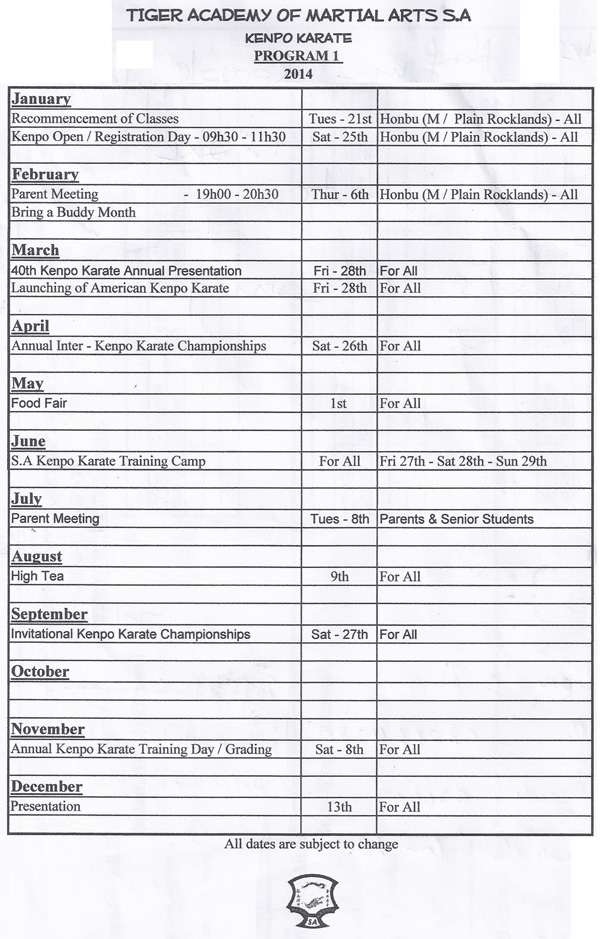 TAMA-SA Kenpo Karate 2014 Schedule